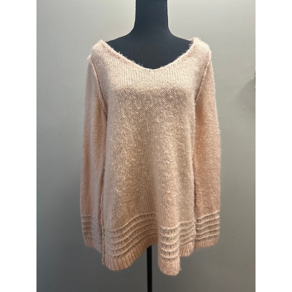 Blush Pink Knit Sweater V Neck Tunic Oversized Cozy Relaxed Fit Top - Picture 1 of 3